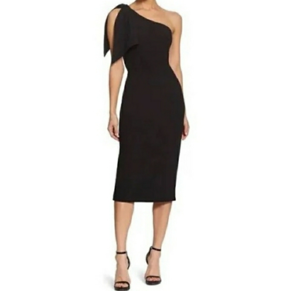 Dress the Population Tiffany Black One Shoulder Midi Dress Size Large